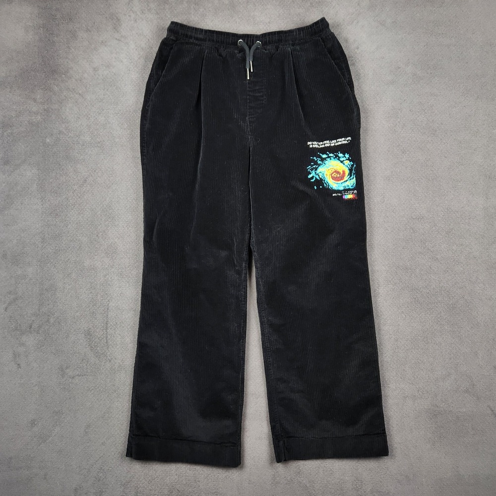 Jungles Jungles Corduroy Pants Mens Medium Black Spiraling Wide Leg 30x27